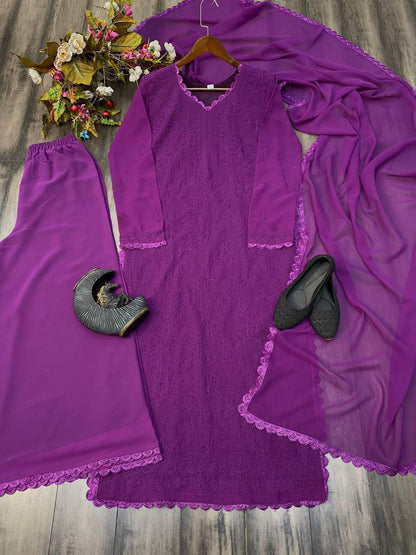 Purple Chikankari Kurti With Lace Detail And Full Length Ethnic Wear