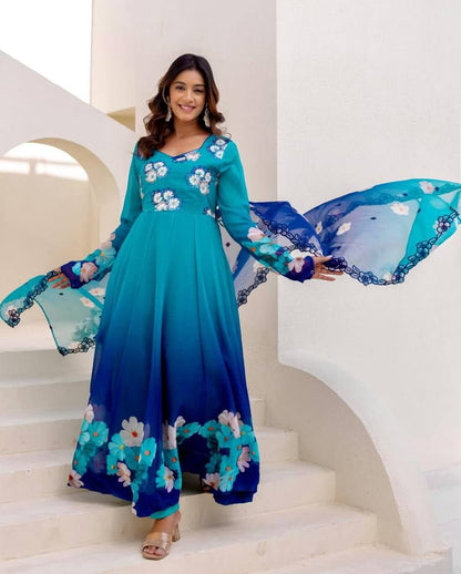 Teal Blue Floral Anarkali Suit With Organza Dupatta And Pant