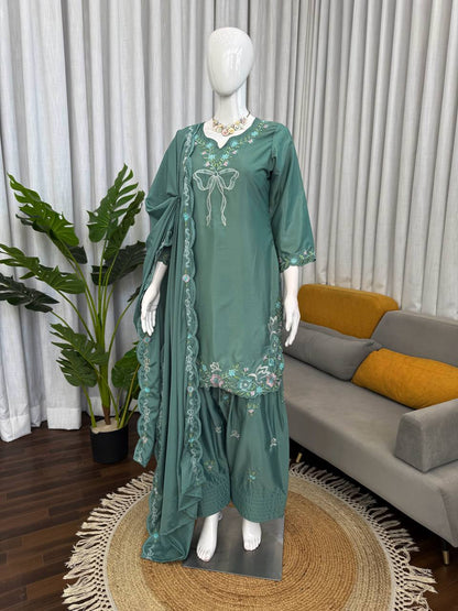 Teal Green Floral Embroidered Farshi Salwar With Bow Detail And Dupatta