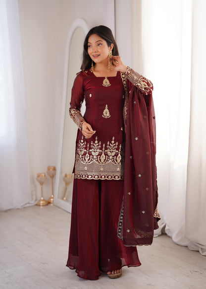Heavy Gold Zari Embroidered Palazzo Suit Set With Dupatta