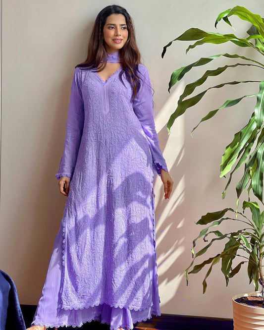 Lavender Chikankari Kurti With Lace Detail And Full Length Ethnic Wear