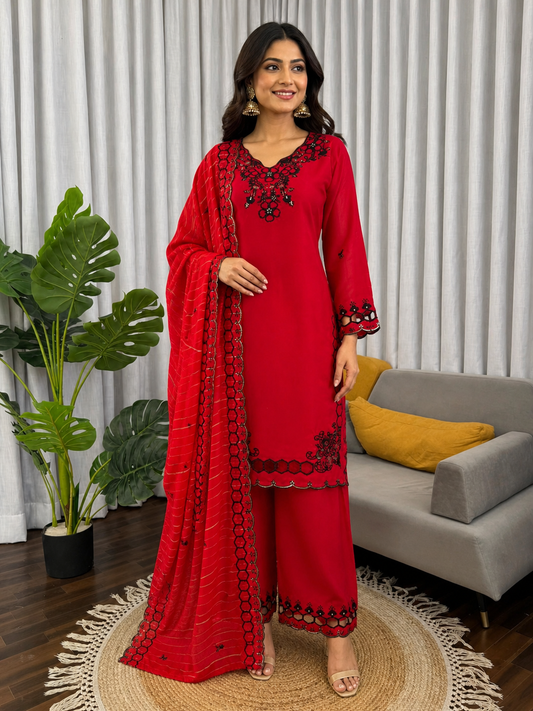 Red And White Cutwork Embroidered Straight Kurta Palazzo Set With Dupatta