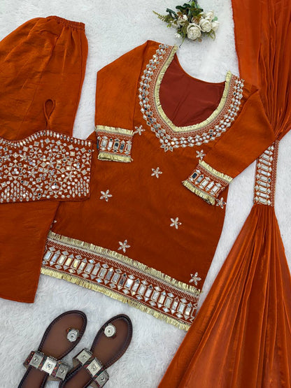Orange Silk Sharara Suit With Real Mirror Work And Gold Lace Work