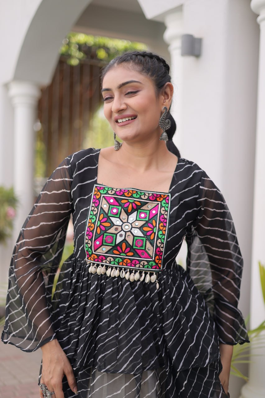 12 Meter Layered Flared Lehenga Choli With Kutchi Mirror Work And Leheriya Ruffle Top