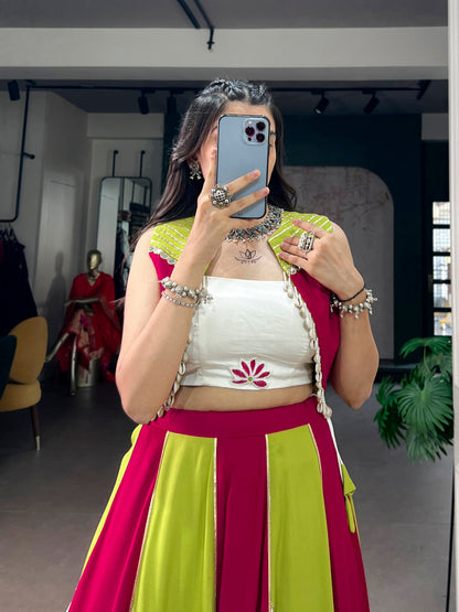 Color Block Indo-Western Lehenga Set With Jacket - Pink, Lime Green And White