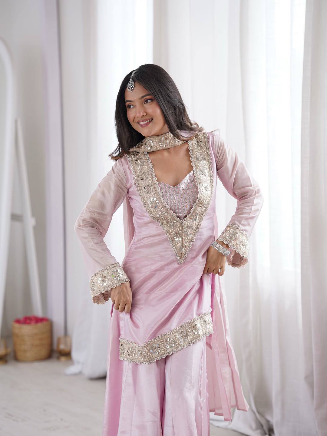 Baby Pink Mirror Work V-Neck Kurta Palazzo Set With Dupatta