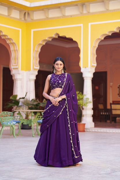 Zari Embroidered Pre-Draped Lehenga Choli Set With Attached Dupatta