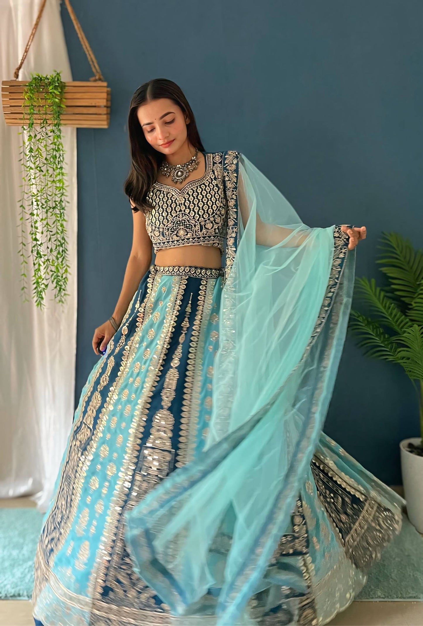 Teal Blue Zari And Sequins Panelled Bridal Lehenga Choli Set With Net Dupatta