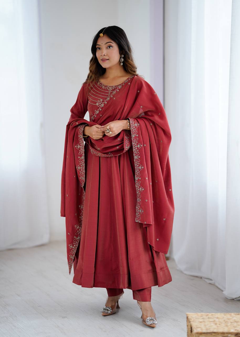 Designer Maroon Anarkali Suit With Embroidered Dupatta