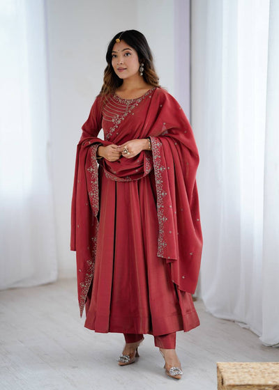 Designer Maroon Anarkali Suit With Embroidered Dupatta
