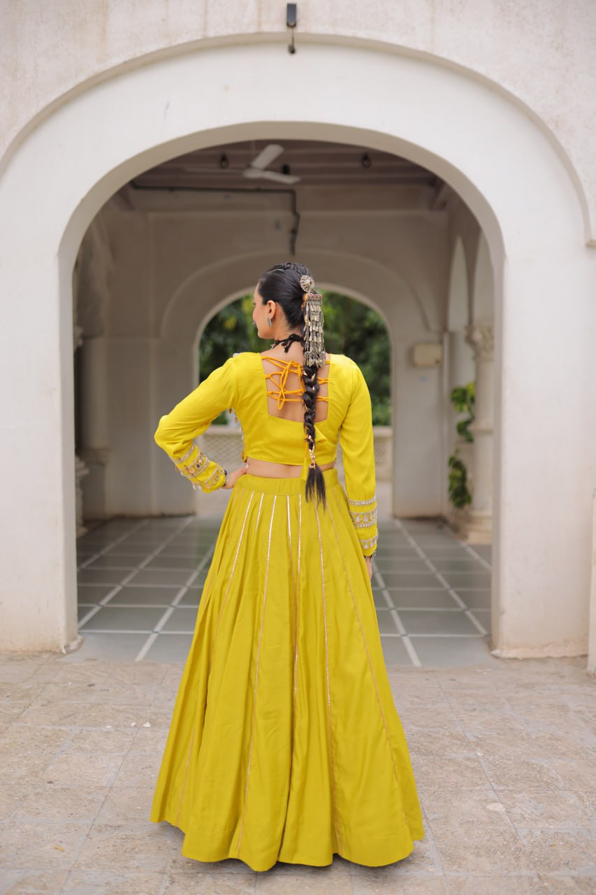 Designer Lehenga With Kutchi Gamthi Embroidered Blouse And Mirror Work