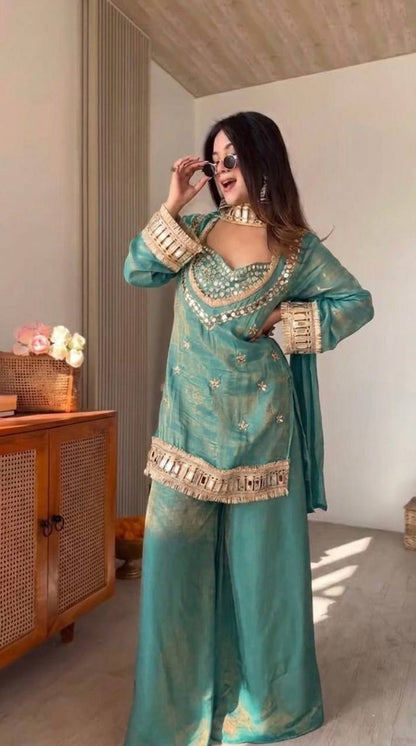 Teal Green Silk Sharara Suit With Real Mirror Work And Gold Lace Work