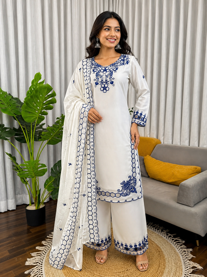 Red And White Cutwork Embroidered Straight Kurta Palazzo Set With Dupatta