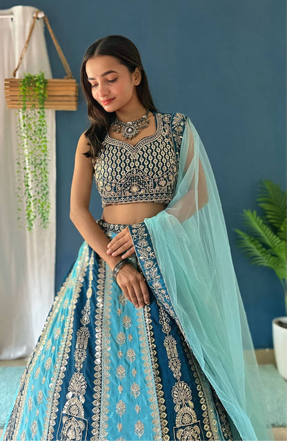Teal Blue Zari And Sequins Panelled Bridal Lehenga Choli Set With Net Dupatta