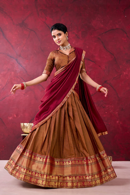 Antique Gold Narayan Pet With Maroon Dupatta And Zari Border