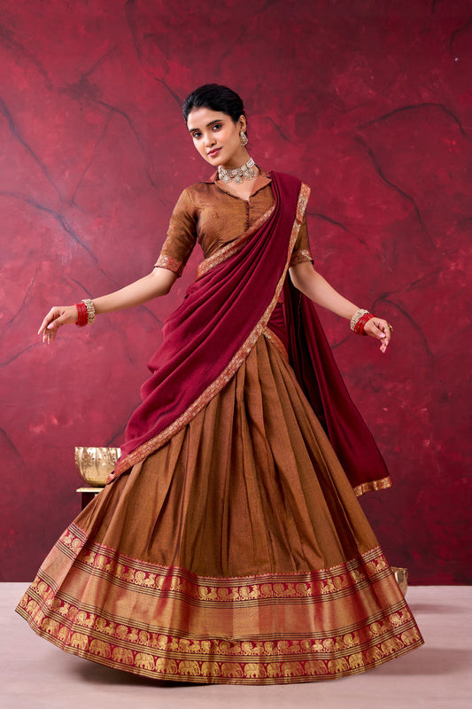 Antique Gold Narayan Pet With Maroon Dupatta And Zari Border