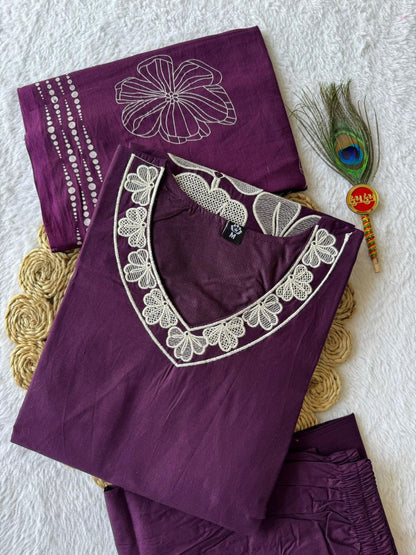 Purple Embroidery Cotton Kurti with Pant And Dupatta