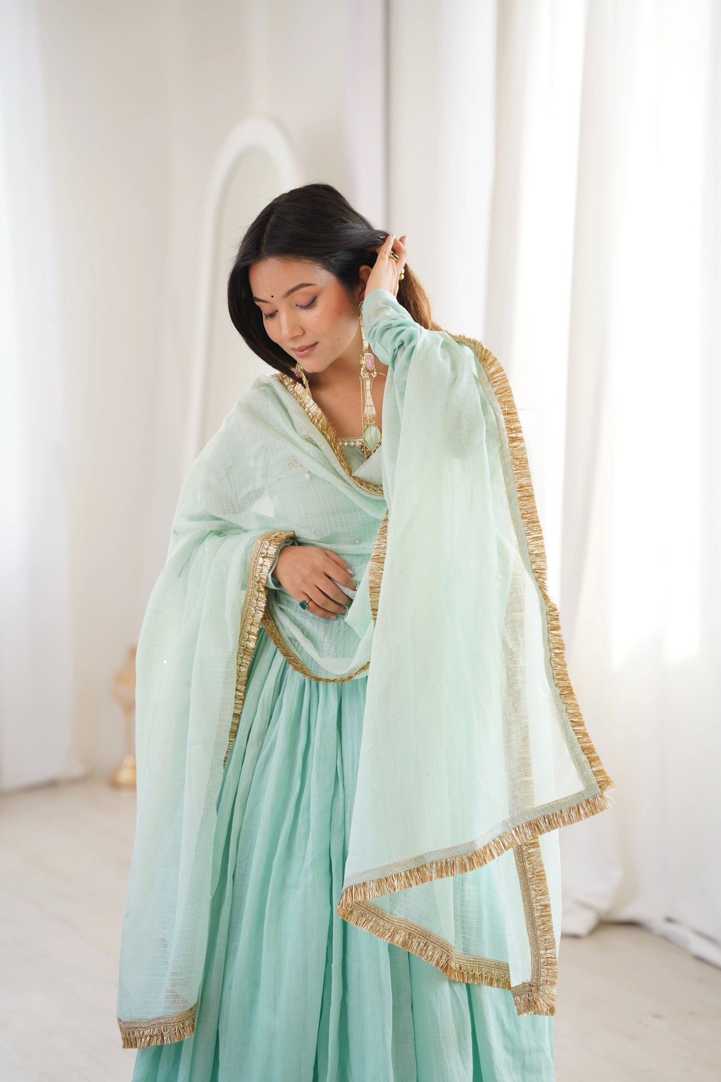 Mint Green Flared Anarkali Suit Set With Dupatta – Festive Ethnic Wear