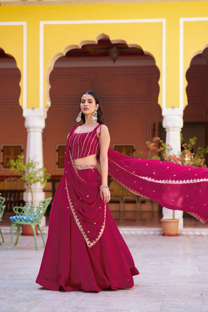 Zari Embroidered Pre-Draped Lehenga Choli Set With Attached Dupatta