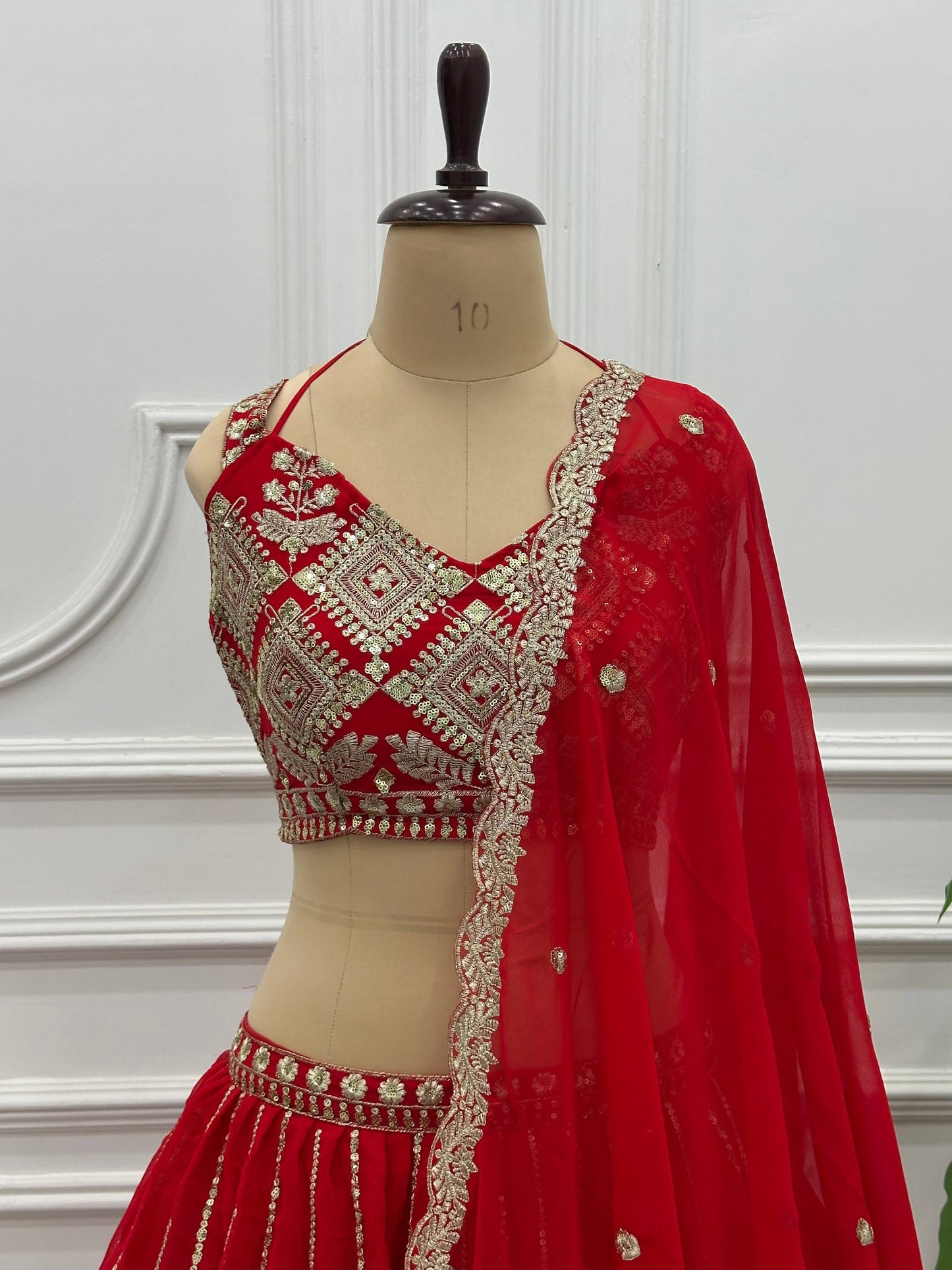 Bridal Red Zari And Sequins Embroidered Layered Lehenga Choli Set With Dupatta