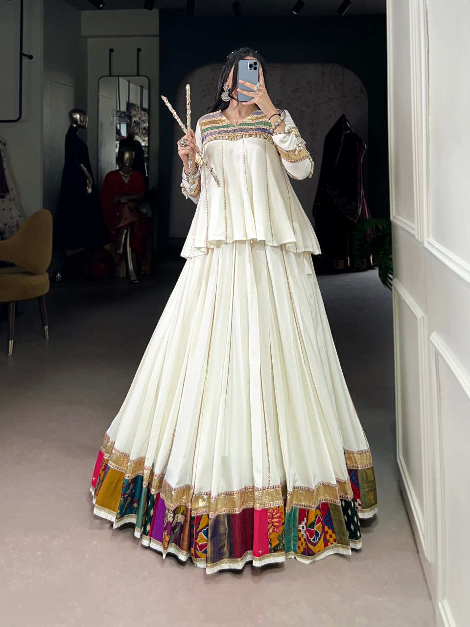 White Designer Lehenga Choli With Multicolor Patchwork Border And Long Peplum Blouse