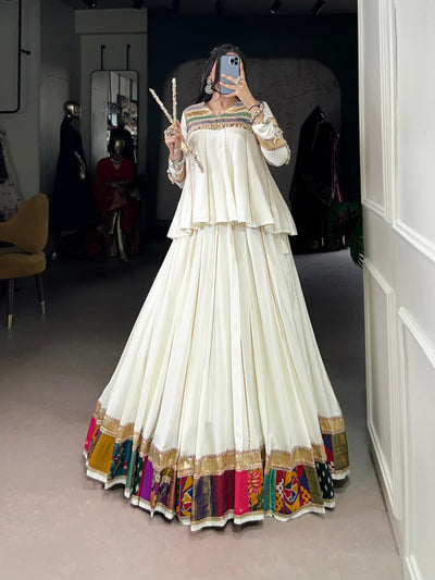 White Designer Lehenga Choli With Multicolor Patchwork Border And Long Peplum Blouse