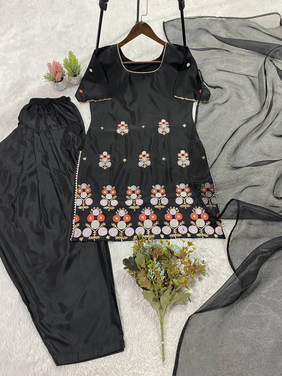 Black Embroidered Salwaar Suit With Floral Work And Net Dupatta