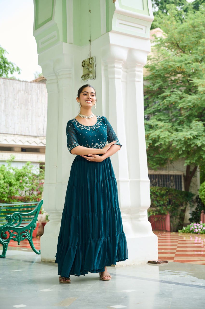 Embroidered Georgette Anarkali Gown Set With Sequins Work And Tiered Flair
