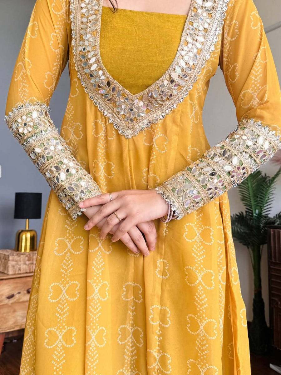 Yellow Anarkali Suit With Mirror Work And Green Bandhani Print