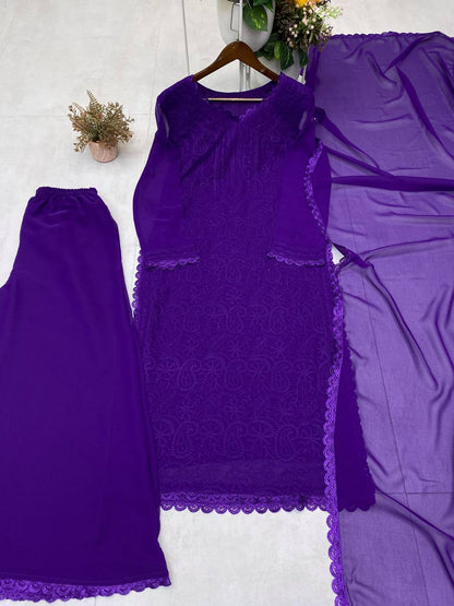 Purple Chikankari Kurti With Lace Detail And Full Length Ethnic Wear