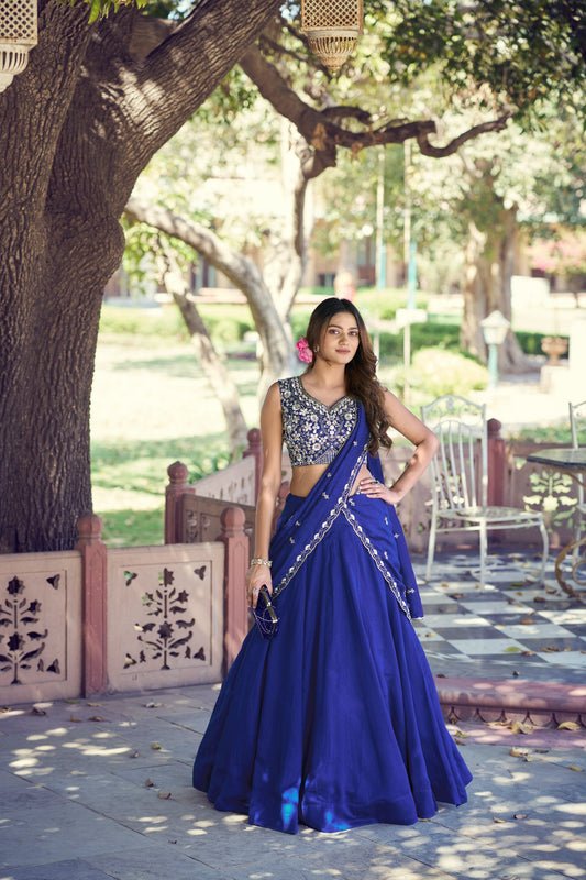 Royal Blue Flared Lehenga Set With Hand Embroidered Blouse And Border Dupatta