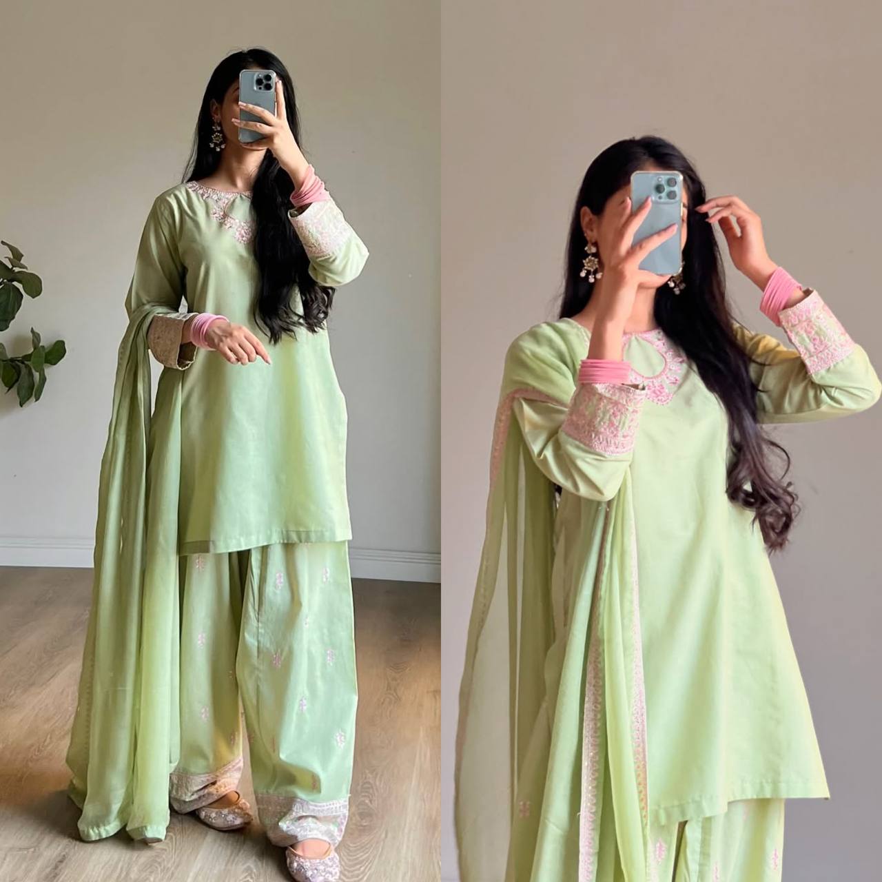 Pista Green Embroidered Farshi Salwar Suit Set With Dupatta
