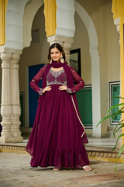 Royal Plum With Embroidered Georgette Anarkali Set