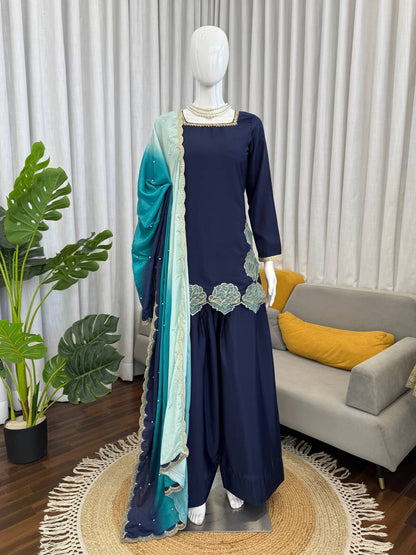 Navy Blue Farshi Suit With Sequnce Work And Shaded Dupatta