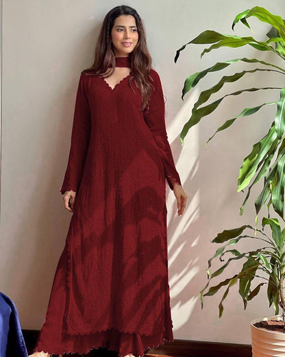 Maroon Chikankari Kurti With Lace Detail And Full Length Ethnic Wear
