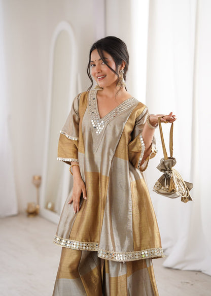 Antique Gold And Silver Colorblock Sharara Set With Mirror Work And Batwa