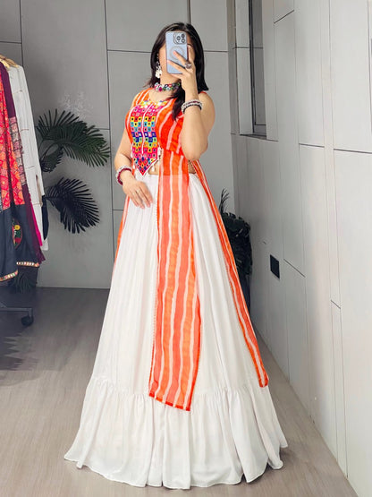 White Flared Lehenga Choli With Orange Leheriya Dupatta And Mirror Work