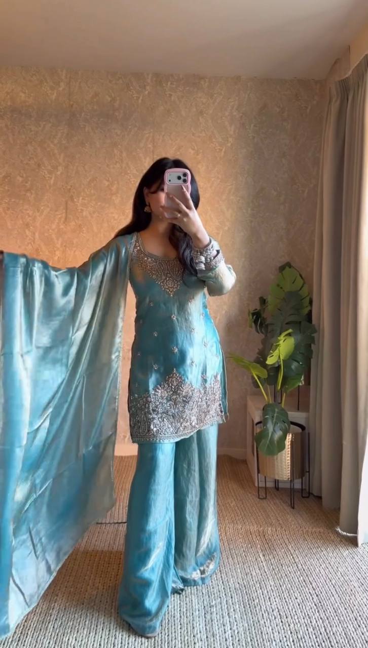 Ice Blue Silk Plazzo Suit With Heavy Zari And Sequins Embroidery