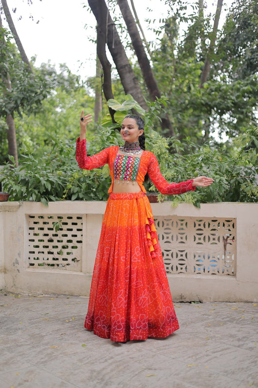 Bandhani Print Lehenga Set With Mirror Work Blouse And Full Sleeves