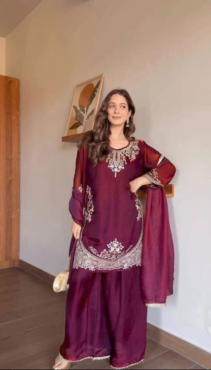 Wine Palazzo Suit With Silver Embroidery