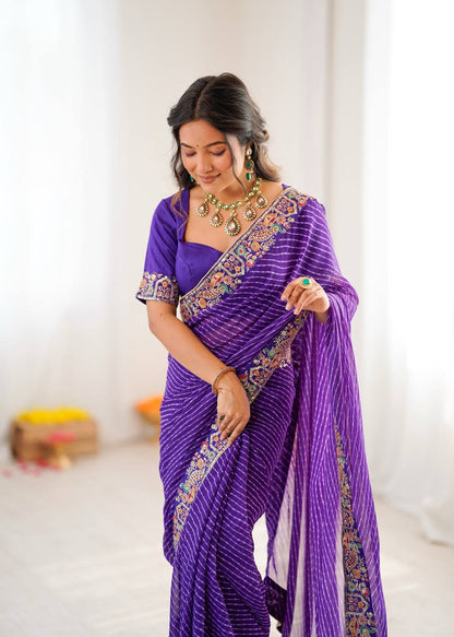 Purple Leheriya Saree with Multi-Colour Thread Embroidered Border And Blouse