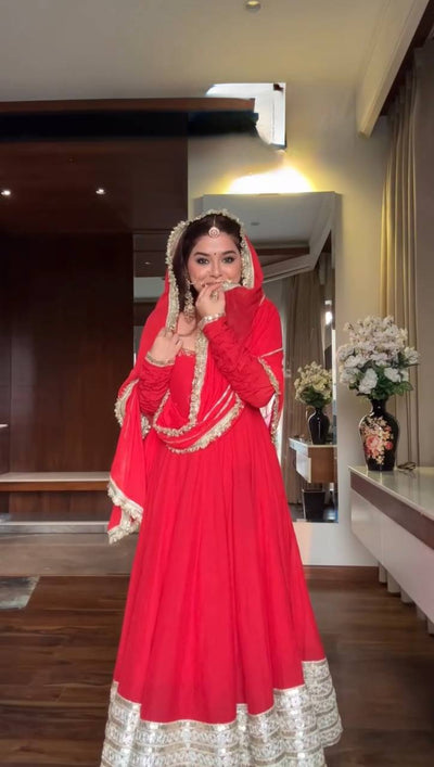 Red Anarkali Suit With Gold Embroidery