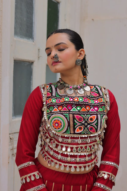 Designer Lehenga With Kutchi Gamthi Embroidered Blouse And Mirror Work