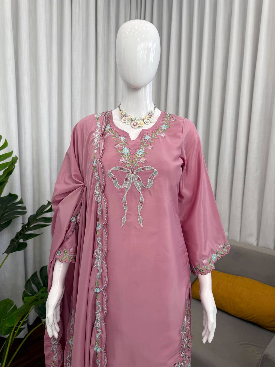 Pink Floral Embroidered Farshi Salwar Suit With Bow Detail And Dupatta