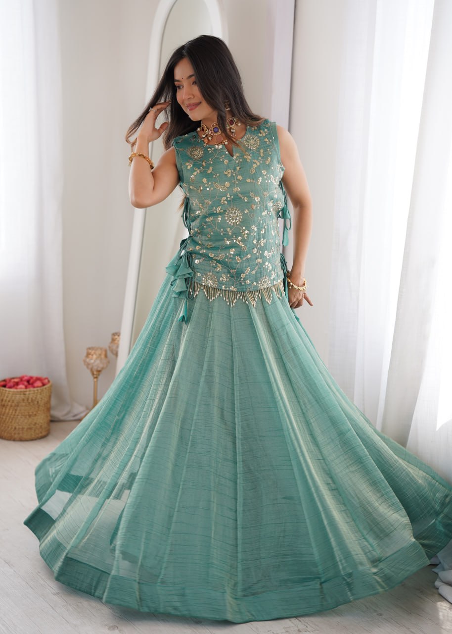 Zari Embroidered Sleeveless Top With Flared Lehenga Set