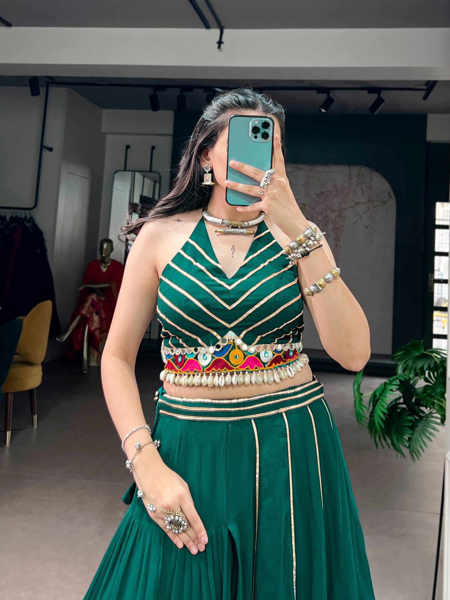 11 Meter Mega Flair Bottle Green Lehenga Choli With Gamthi Mirror Work