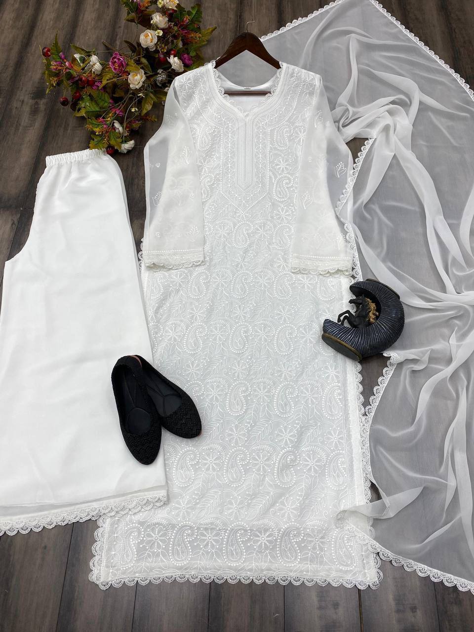 White Chikankari Kurti With Lace Detail And Full Length Ethnic Wear