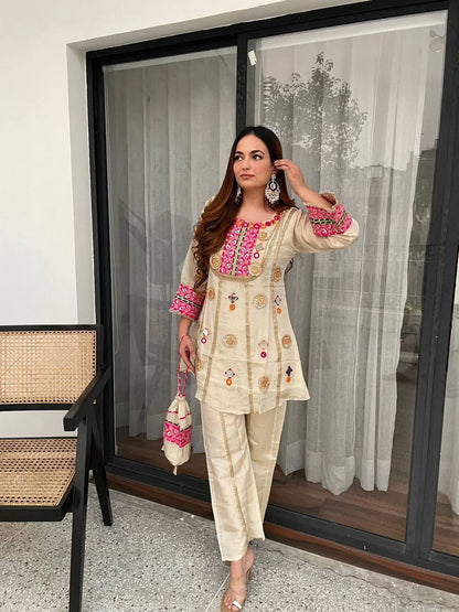 Ivory Mirror And Gota Patti Embroidered Co-ord Set With Potli Bag