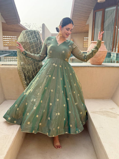 Green Anarkali Suit With Gold Embroidery And Matching Dupatta | Ethnic Festive Outfit