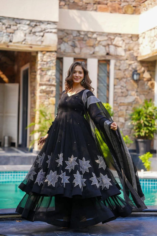 ELEGANT BLACK ANARKALI WITH SILVER FLORAL EMBROIDERY AND DUPATTA